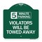 Signmission 5 Minute Parking Violators Will Towed Away, Green & White Aluminum Sign, 18" x 18", GW-1818-24414 A-DES-GW-1818-24414 - alternate 1